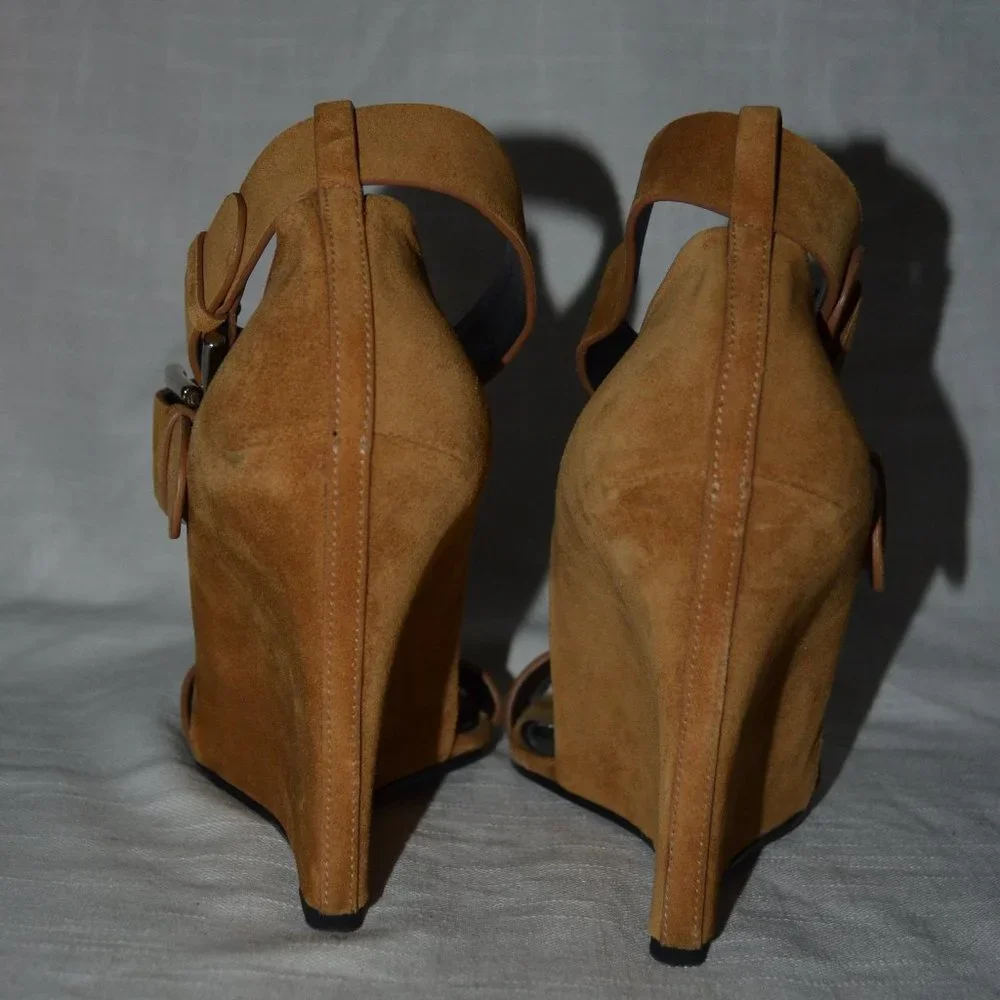 Sz 38 7.5 Premiata Brown Suede Ankle Strap Wedges 4.5